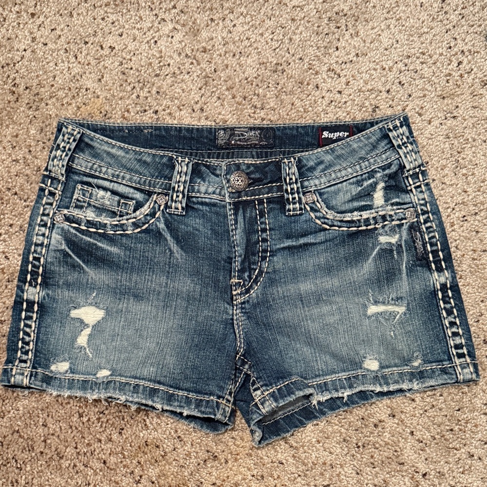 Silver Jeans Faded Blue Distressed Denim Shorts